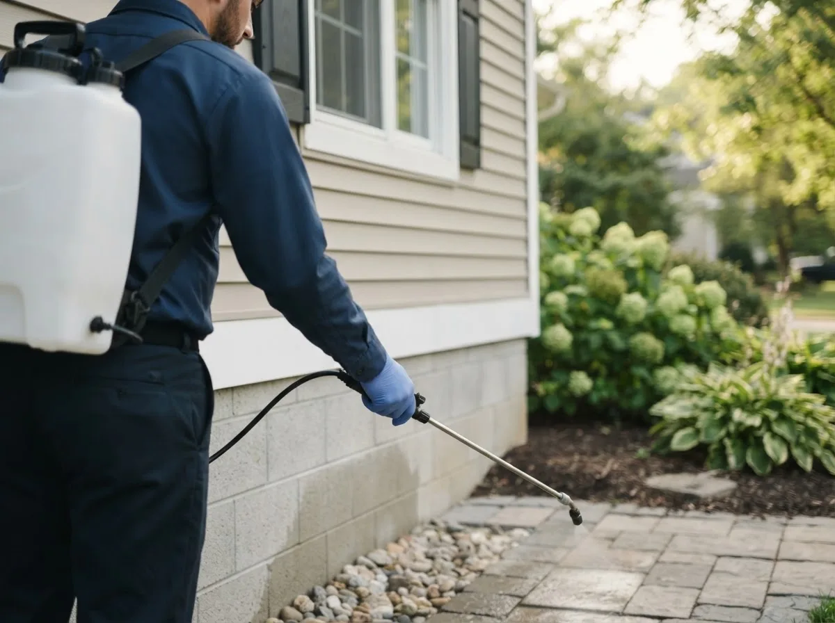 Pest control technician inspecting a home in Brunsville, IA